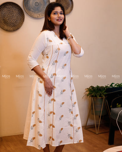 Kora Cotton 5-Panel Kurti | Embroidered + Contrast Piping | Off-white with Yellow