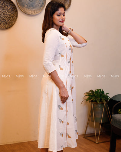 Kora Cotton 5-Panel Kurti | Embroidered + Contrast Piping | Off-white with Yellow