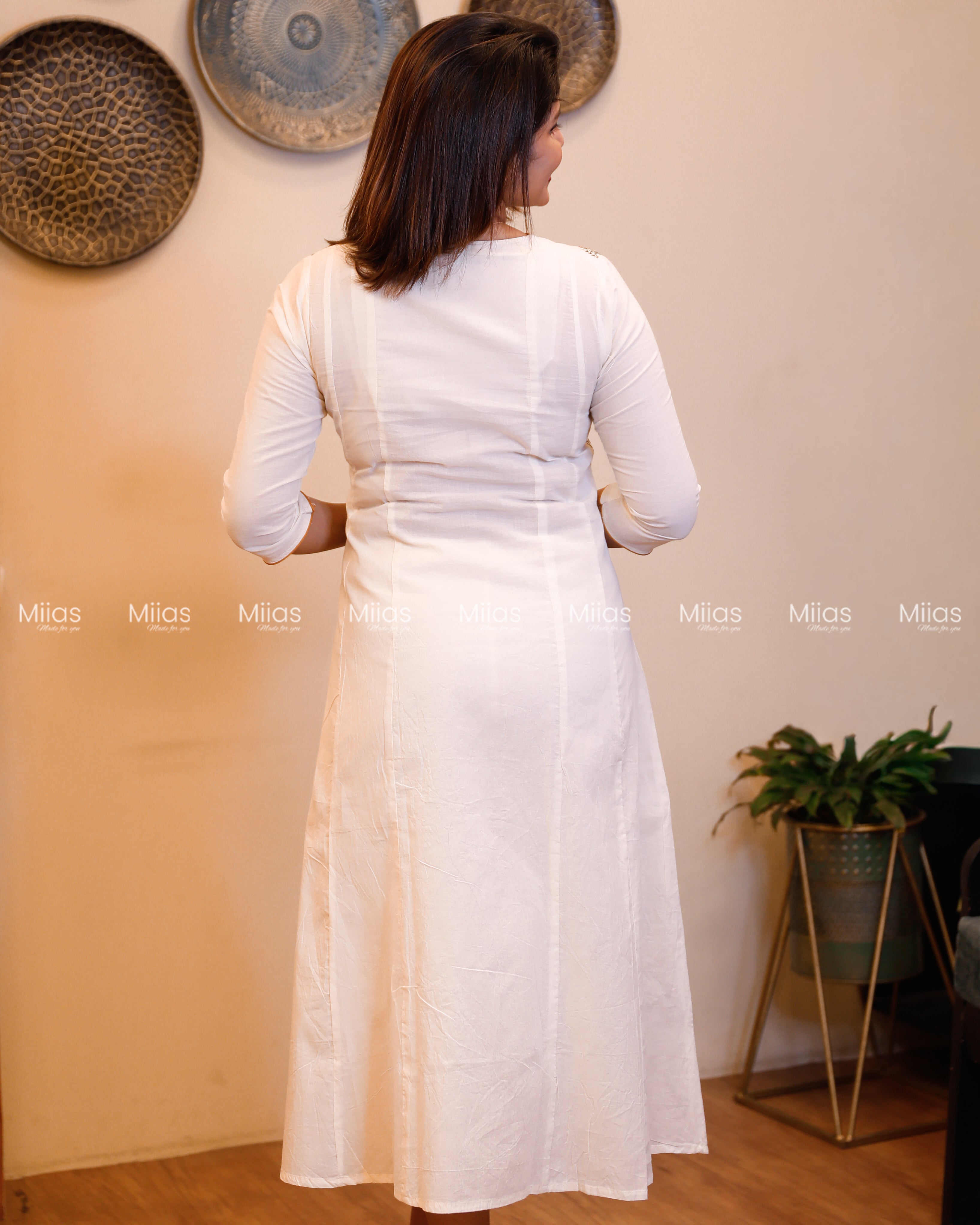 Kora Cotton 5-Panel Kurti | Embroidered + Contrast Piping | Off-white with Yellow
