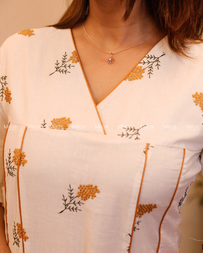 Kora Cotton 5-Panel Kurti | Embroidered + Contrast Piping | Off-white with Yellow