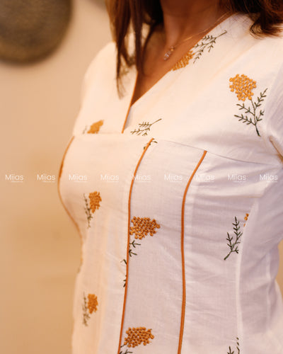 Kora Cotton 5-Panel Kurti | Embroidered + Contrast Piping | Off-white with Yellow