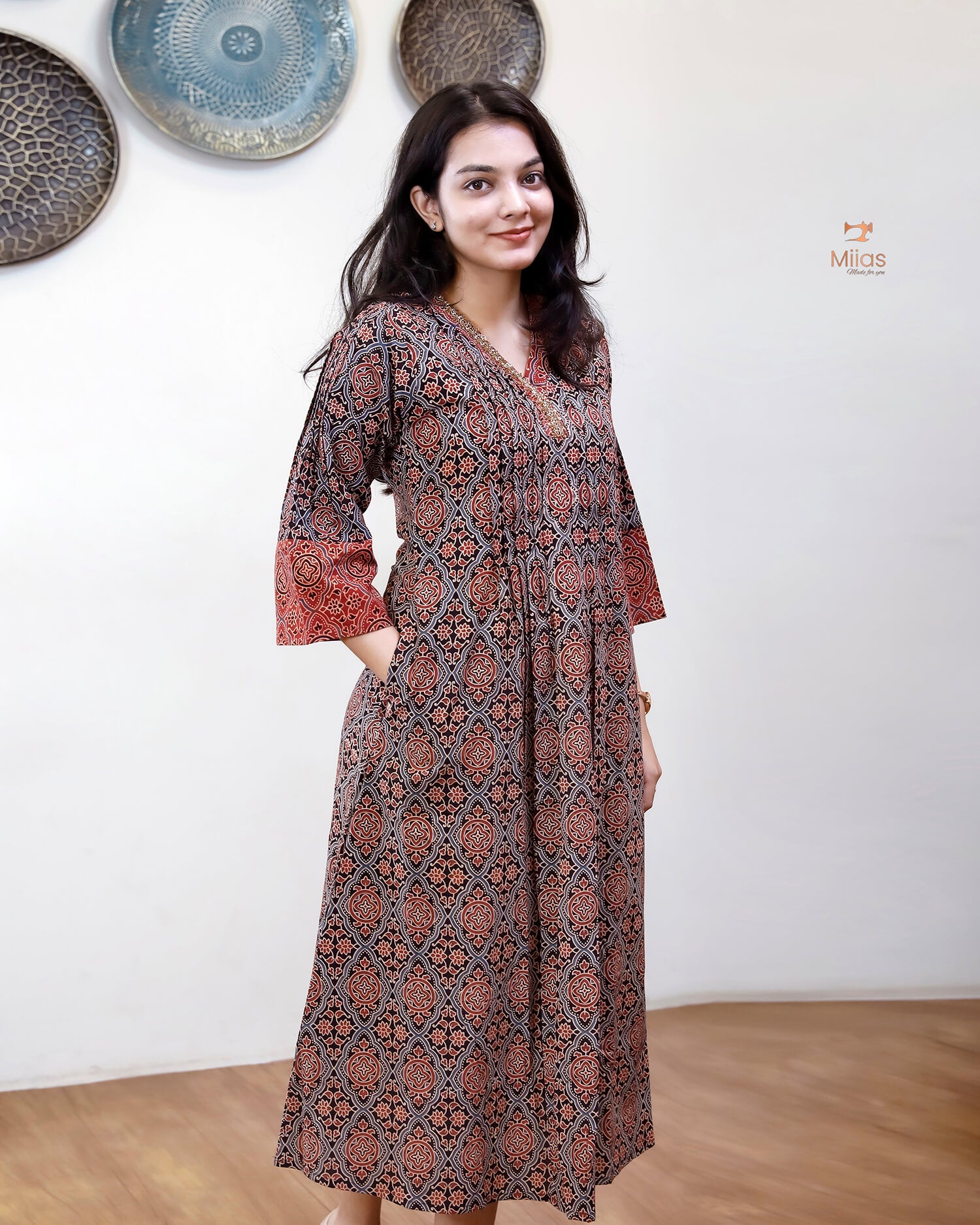 Ajrakh Cotton A-Line Kurti | Overlap Collar | Brick Red