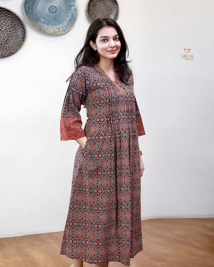 Ajrakh Cotton A-Line Kurti | Overlap Collar | Brick Red