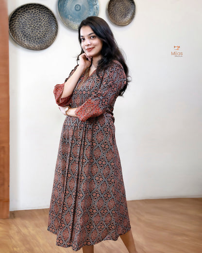 Ajrakh Cotton A-Line Kurti | Overlap Collar | Brick Red