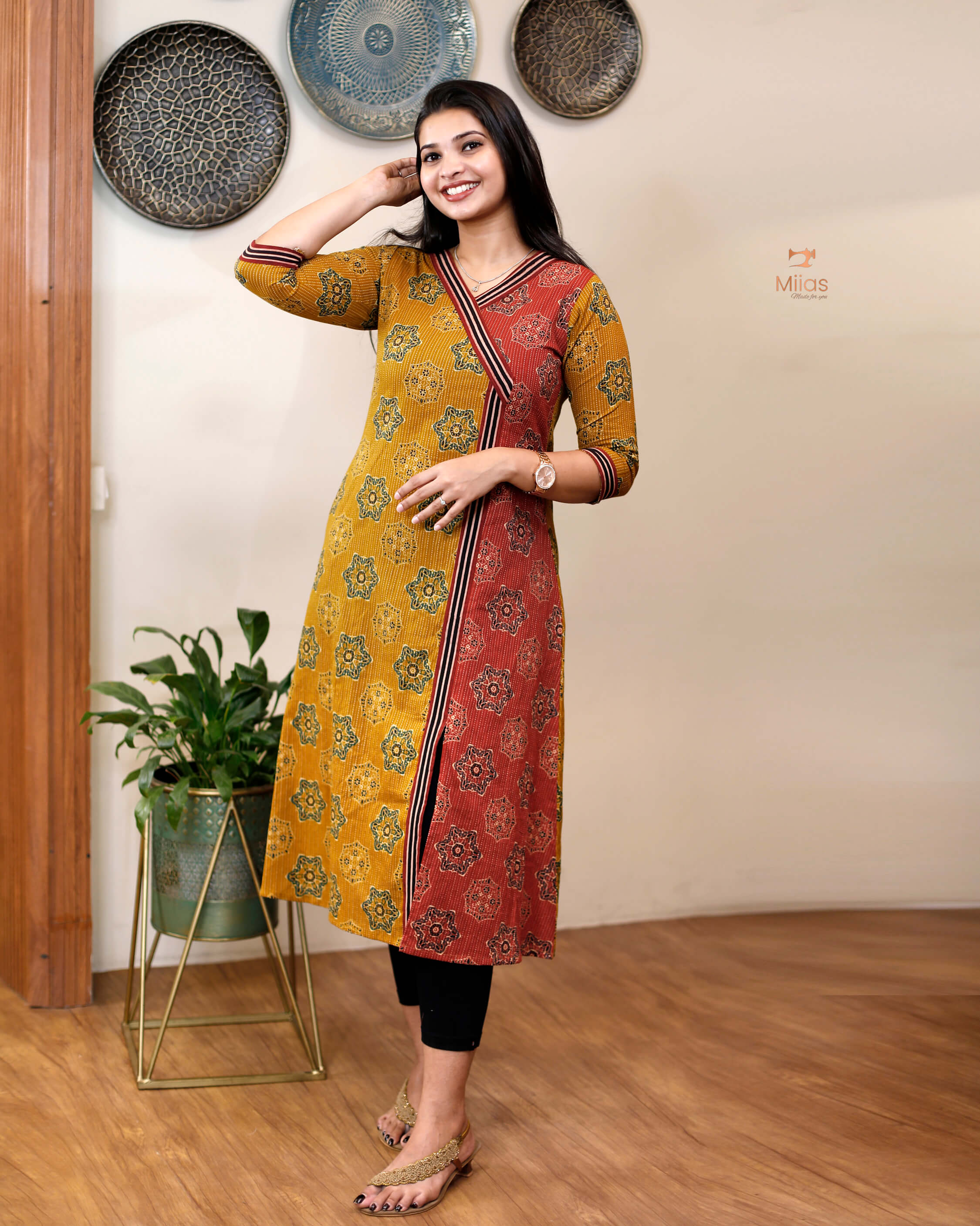 Stylish Kantha Cotton Kurti - V-Neck, Front Slit & Borders