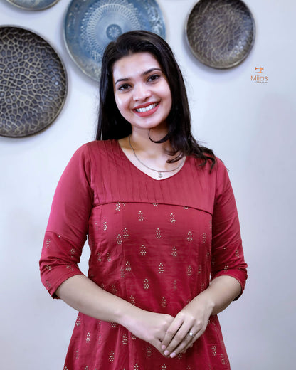 Mul Chanderi Five-Panel Dress Kurti: Golden Mukesh Work-Rani Pink.