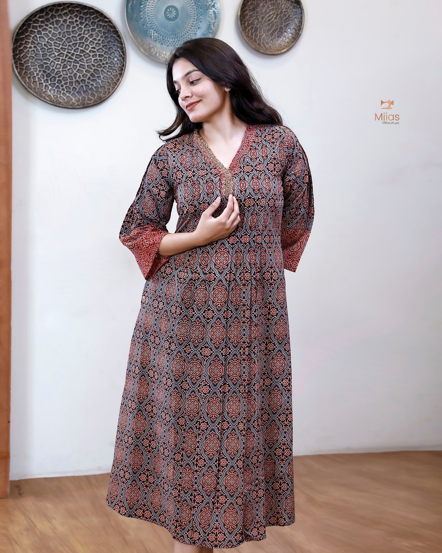 Ajrakh Cotton A-Line Kurti | Overlap Collar | Brick Red