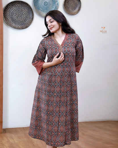 Ajrakh Cotton A-Line Kurti | Overlap Collar | Brick Red