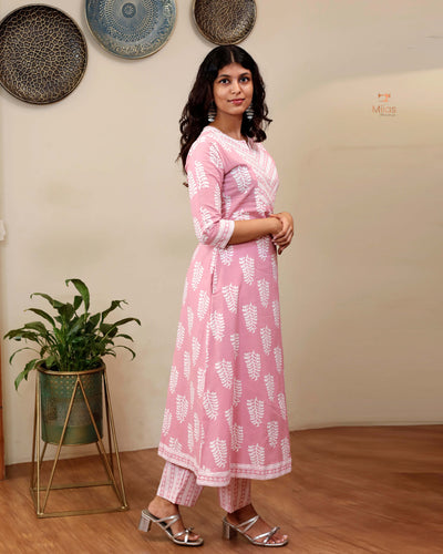 South Cotton co-ord set with mirror and sequins work-Pink