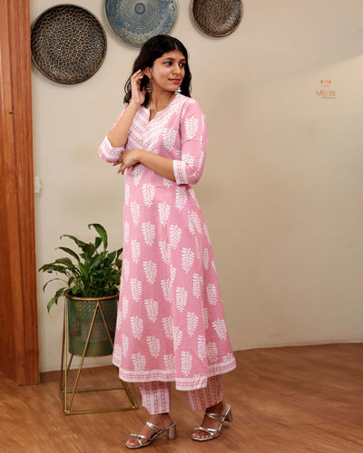 South Cotton co-ord set with mirror and sequins work-Pink