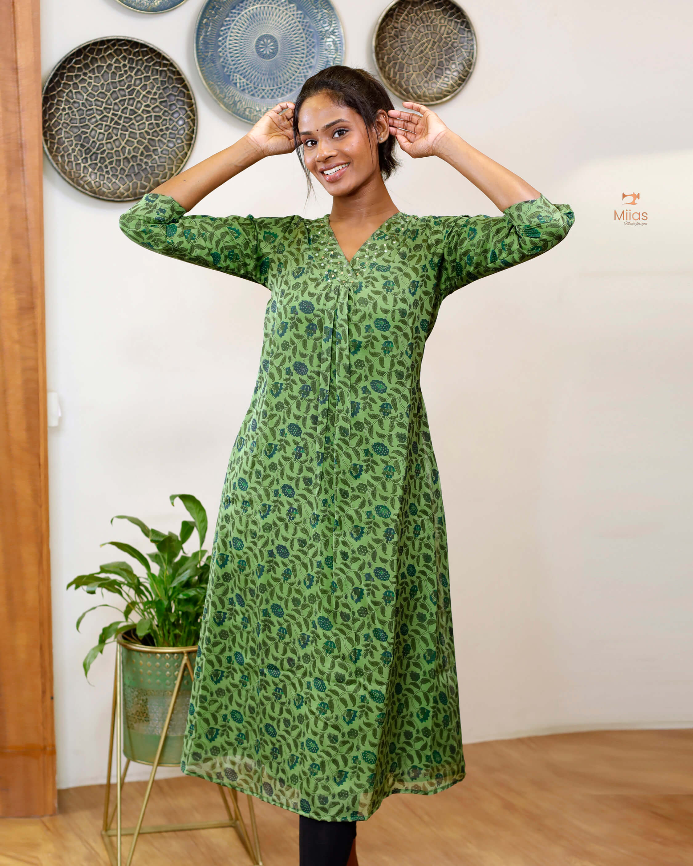 Hand-blocked Kalamkari printed dress kurti in viscose organza