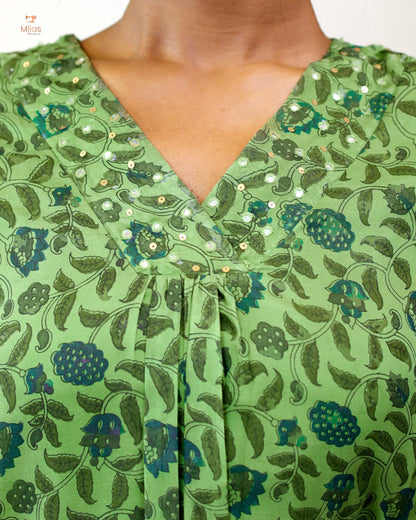 Hand-blocked Kalamkari printed dress kurti in viscose organza