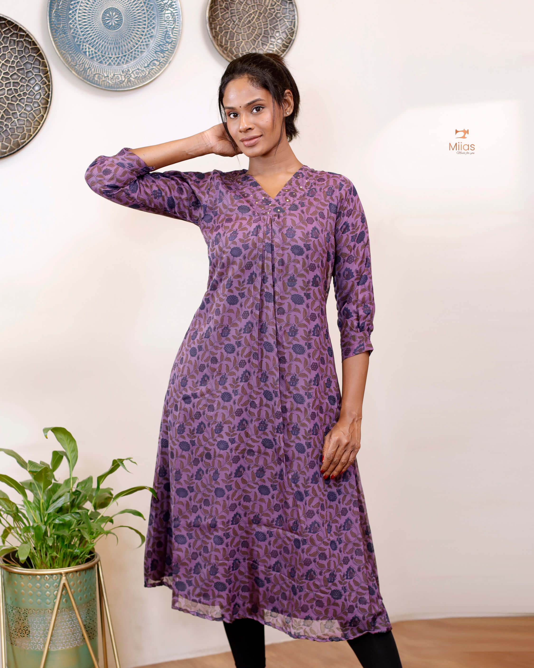 Hand-blocked Kalamkari printed dress kurti in viscose organza