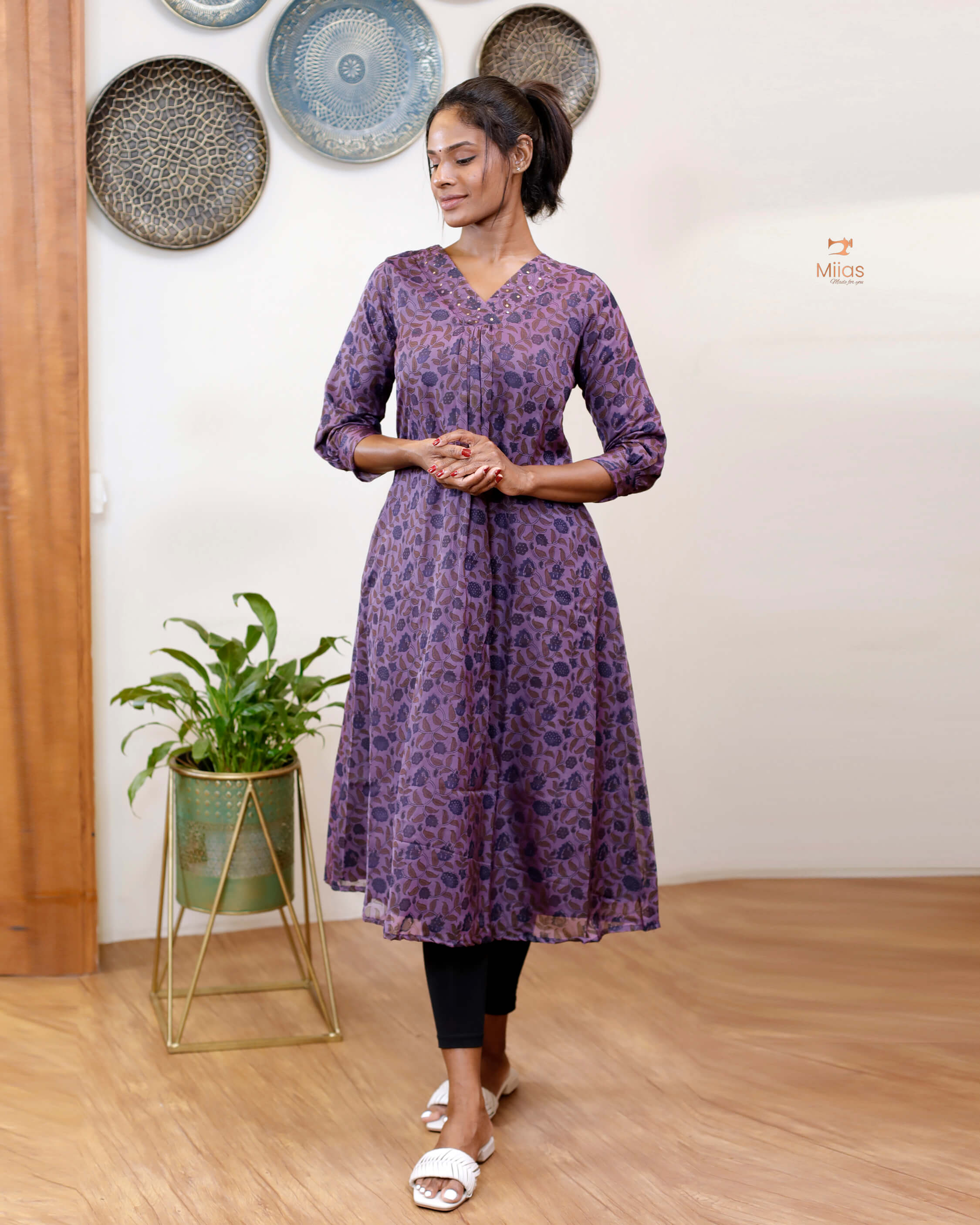 Hand-blocked Kalamkari printed dress kurti in viscose organza