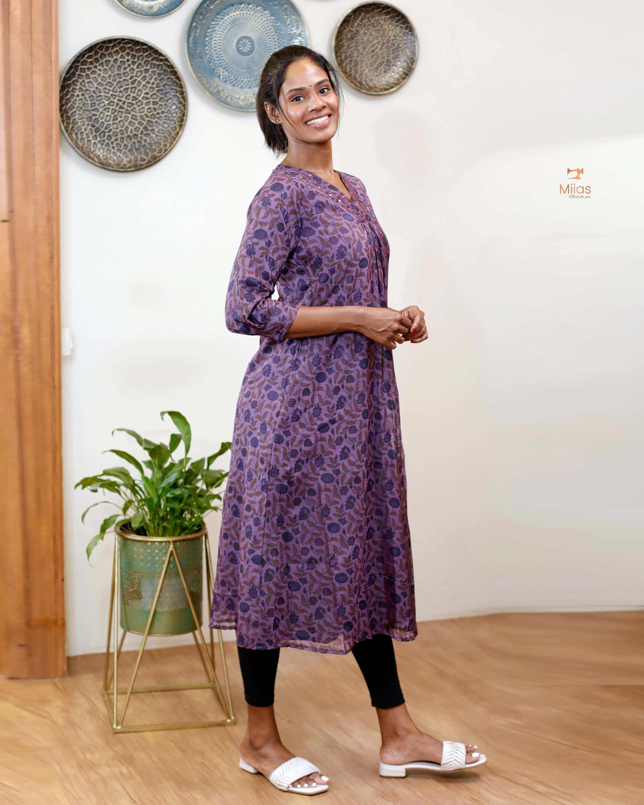 Hand-blocked Kalamkari printed dress kurti in viscose organza