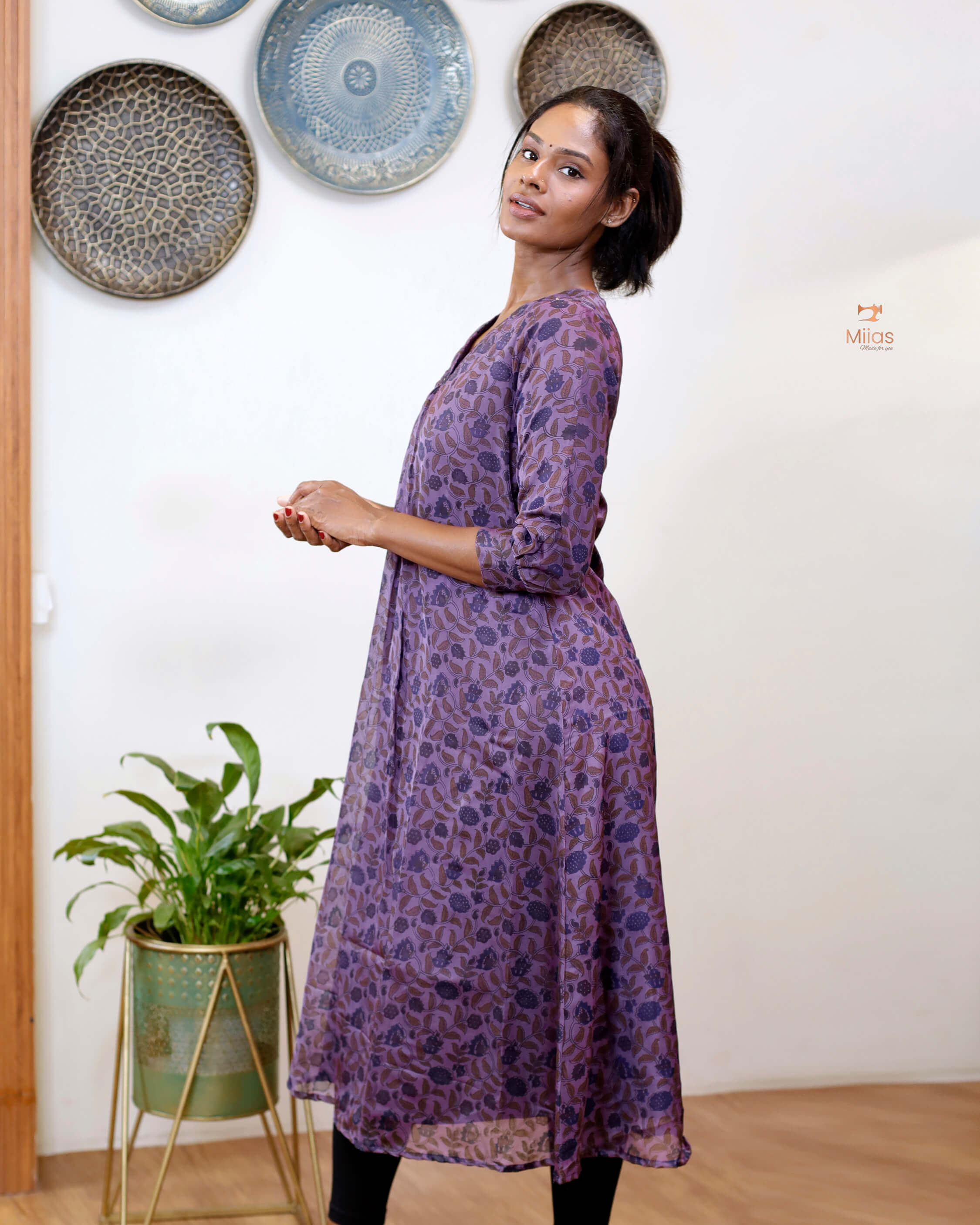 Hand-blocked Kalamkari printed dress kurti in viscose organza