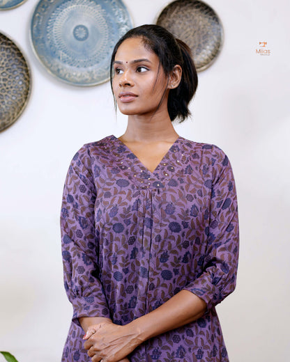 Hand-blocked Kalamkari printed dress kurti in viscose organza
