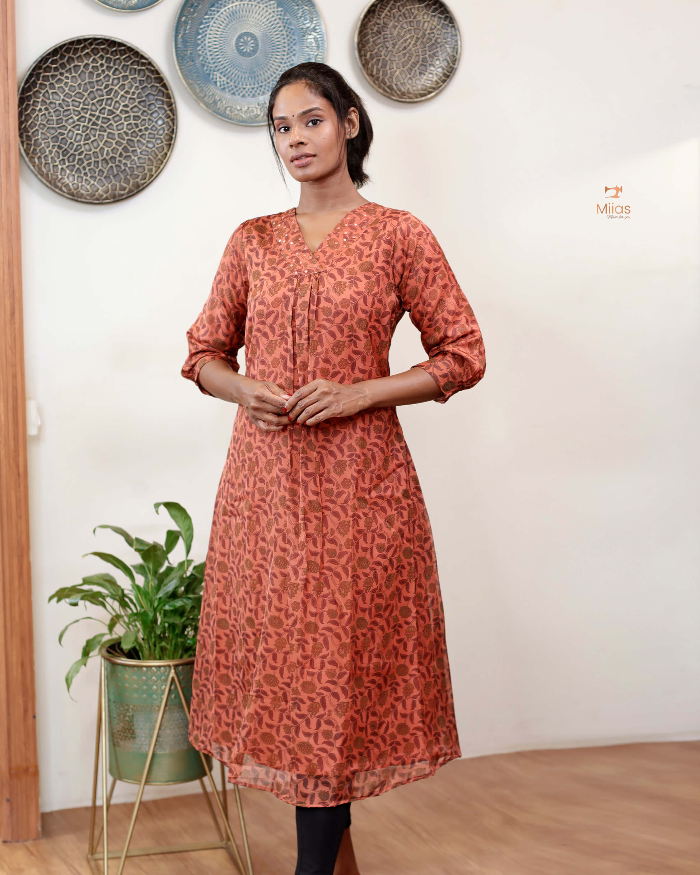 Hand-blocked Kalamkari printed dress kurti in viscose organza