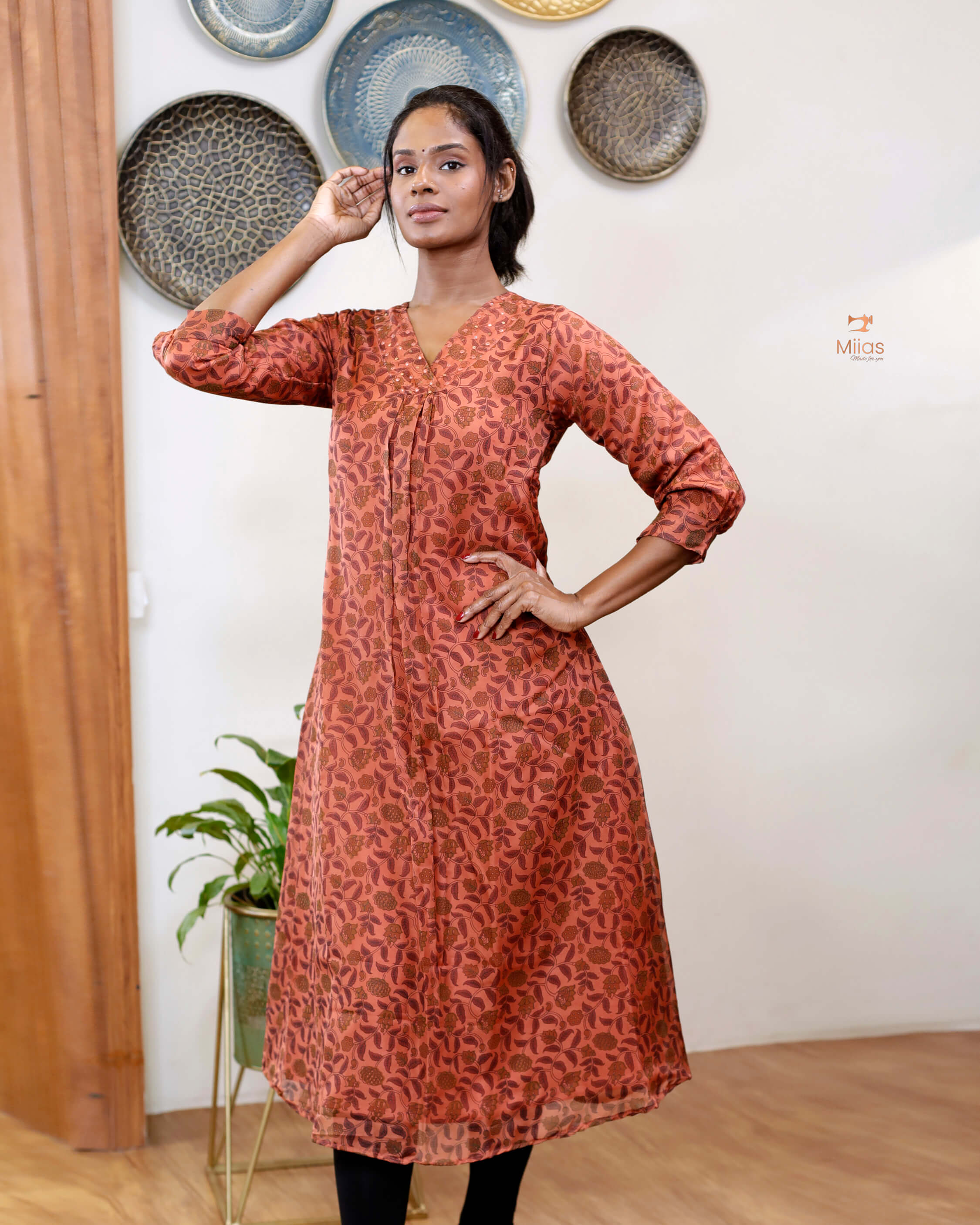 Hand-blocked Kalamkari printed dress kurti in viscose organza