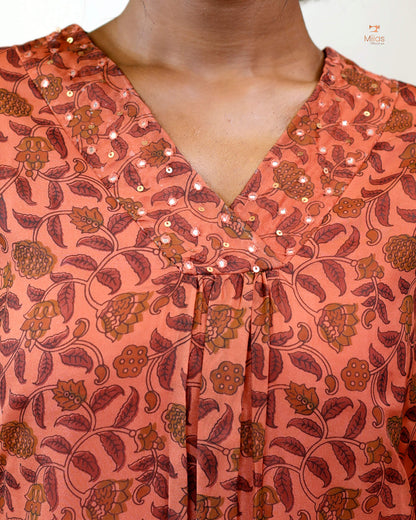 Hand-blocked Kalamkari printed dress kurti in viscose organza