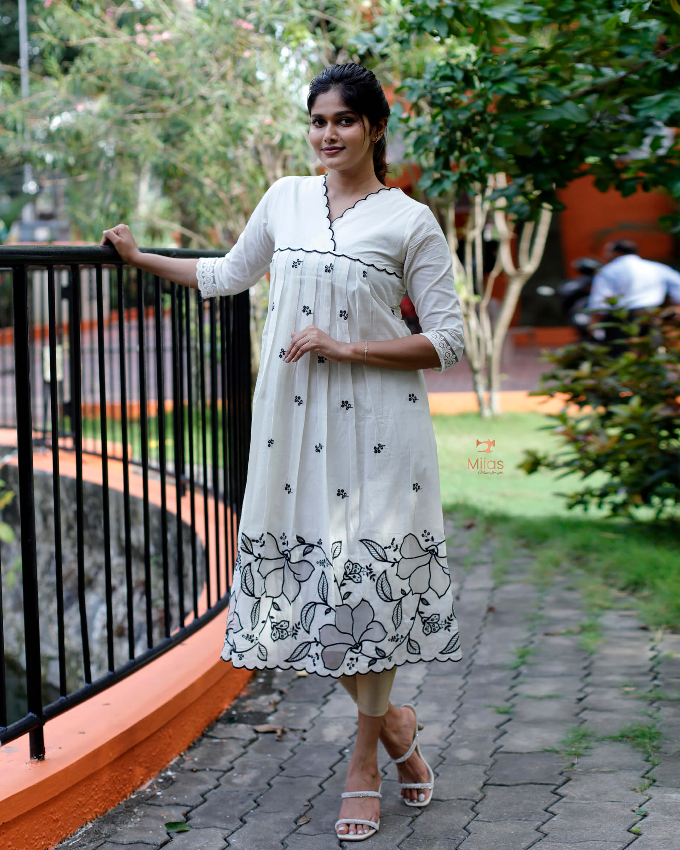 Kora Cotton Dress Kurti with Thread Embroidery and Scallops