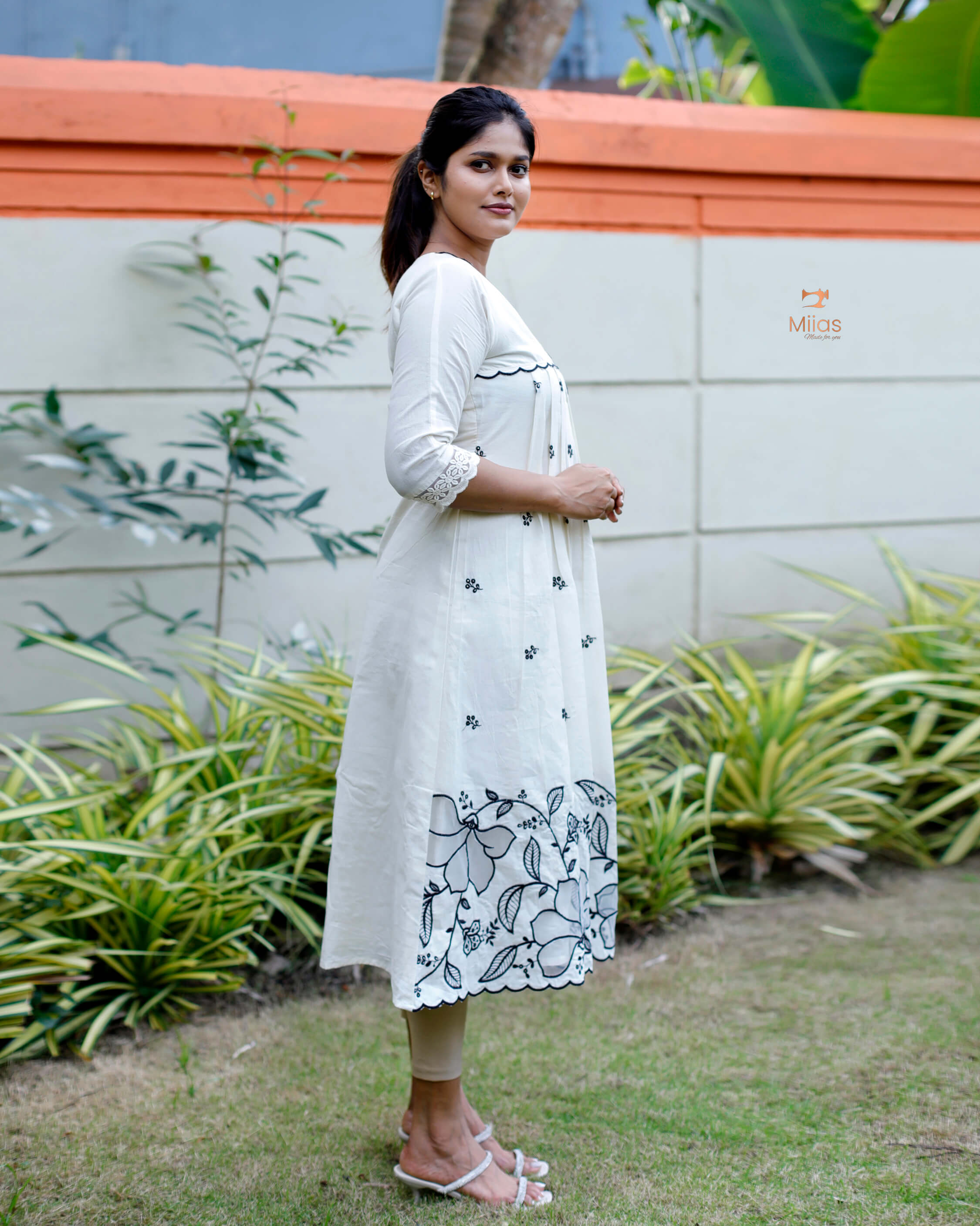 Kora Cotton Dress Kurti with Thread Embroidery and Scallops