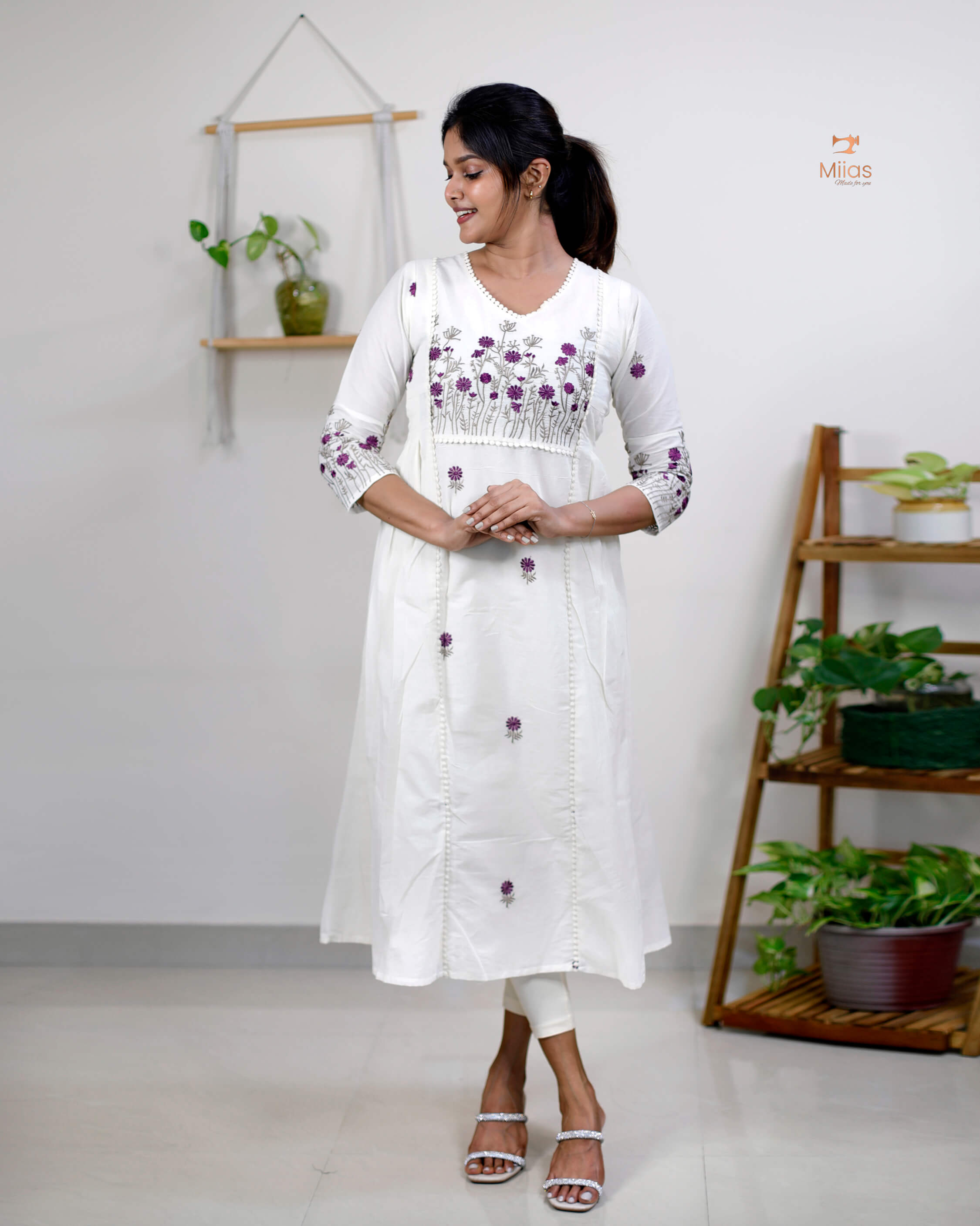 Three-Panel Dress Kurti  with Embroidery in Kora Cotton