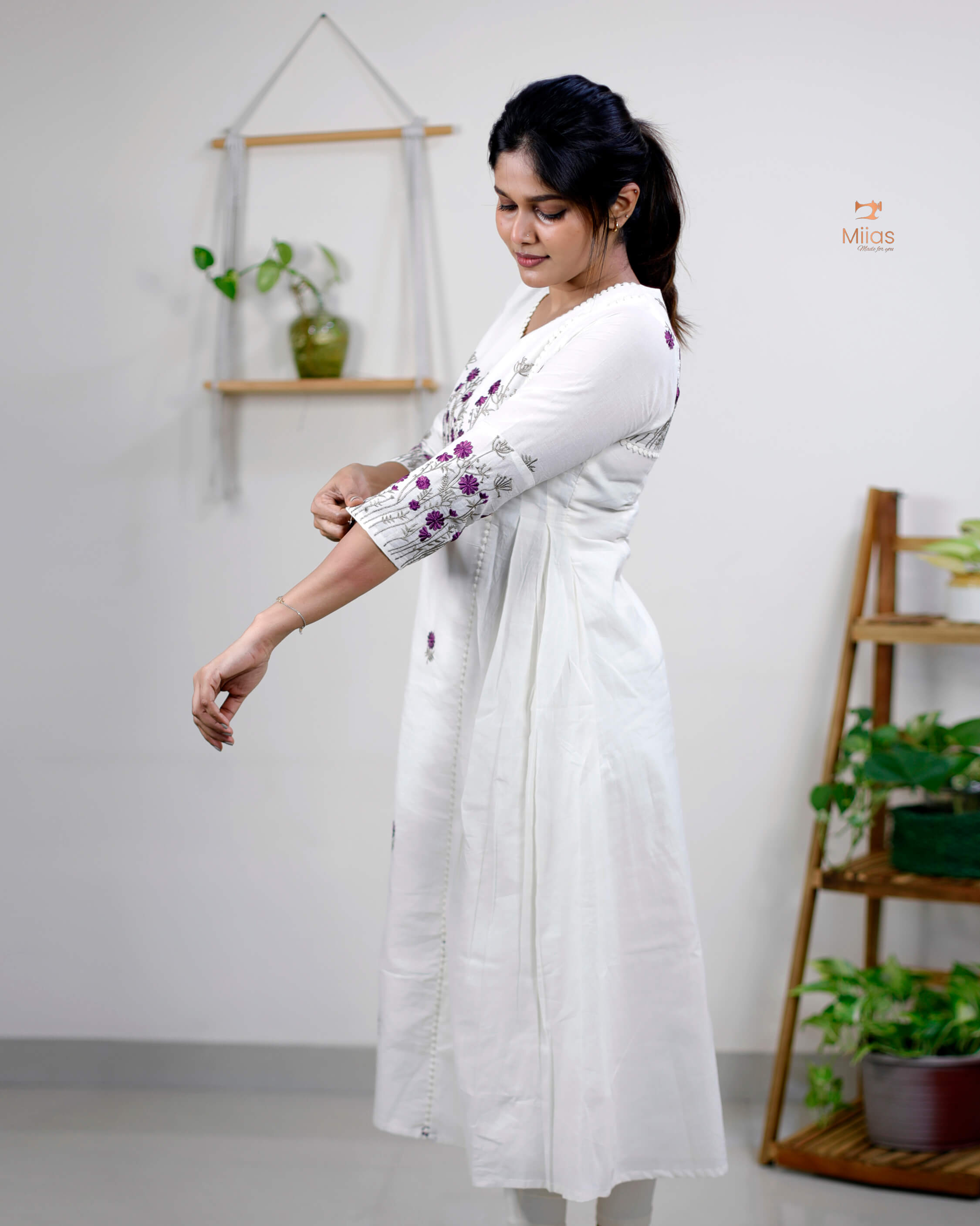 Three-Panel Dress Kurti  with Embroidery in Kora Cotton