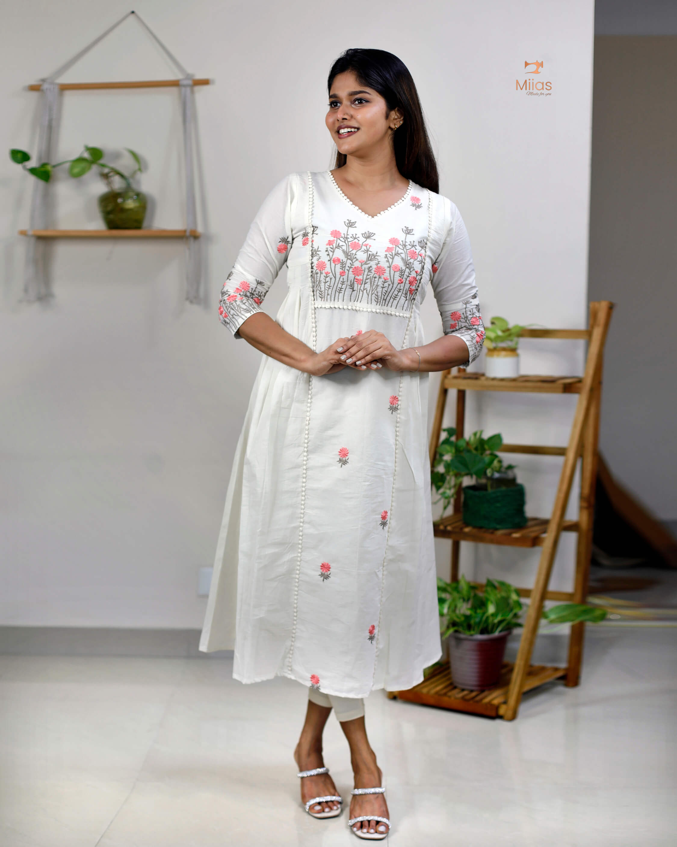 Three-Panel Dress Kurti  with Embroidery in Kora Cotton