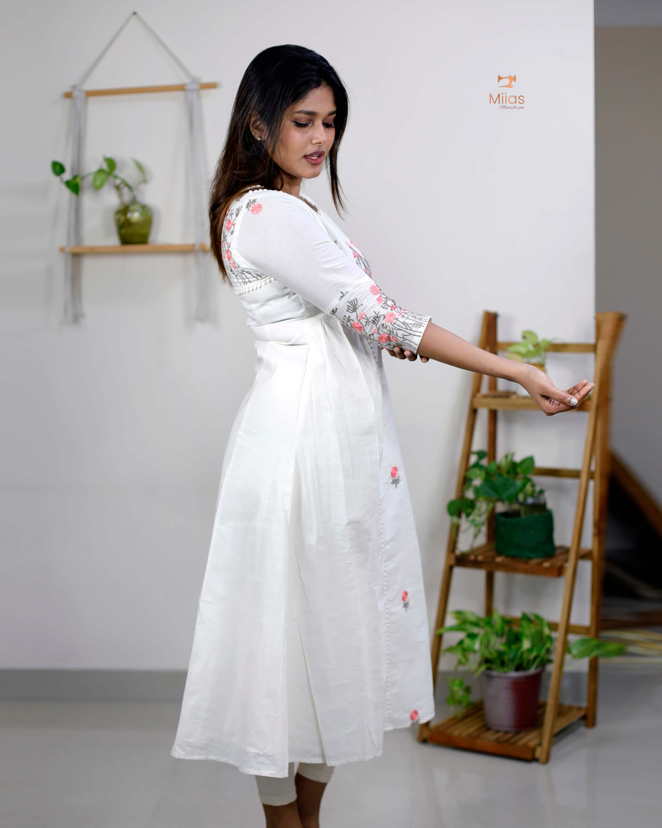 Three-Panel Dress Kurti  with Embroidery in Kora Cotton