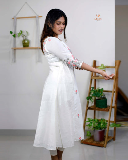 Three-Panel Dress Kurti  with Embroidery in Kora Cotton