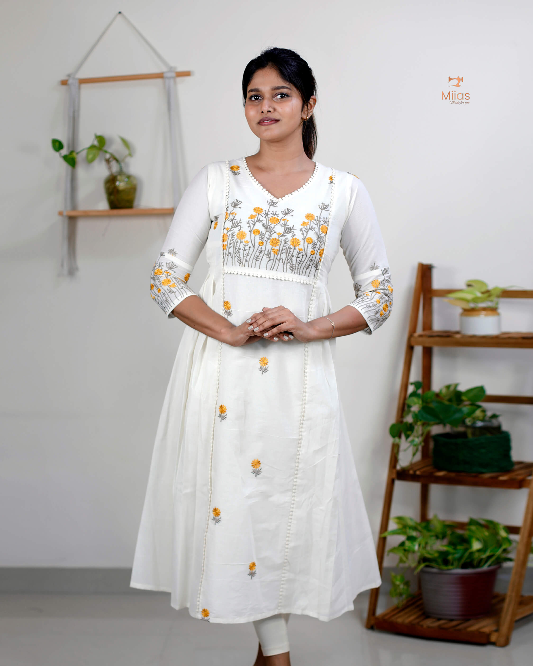 Three-Panel Dress Kurti  with Embroidery in Kora Cotton