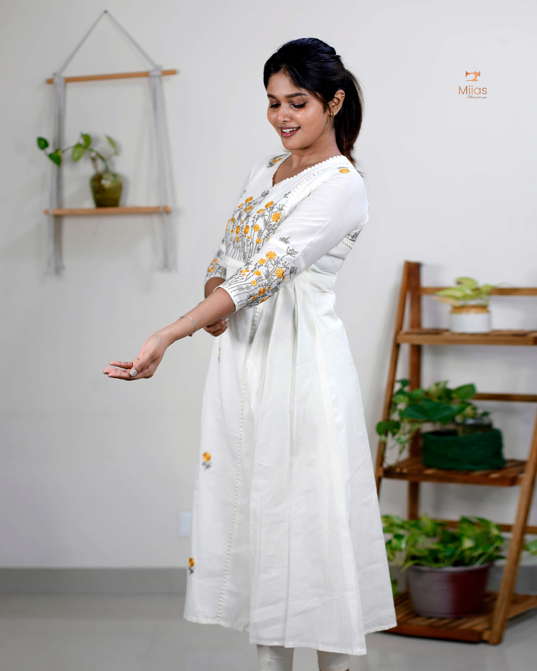 Three-Panel Dress Kurti  with Embroidery in Kora Cotton