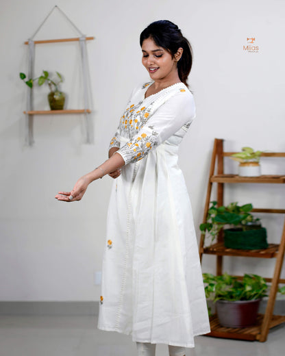 Three-Panel Dress Kurti  with Embroidery in Kora Cotton