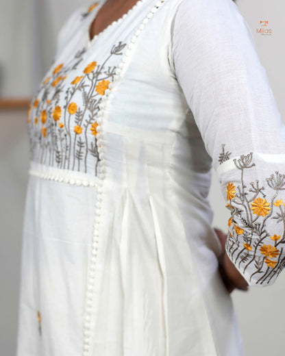 Three-Panel Dress Kurti  with Embroidery in Kora Cotton