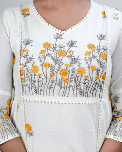 Three-Panel Dress Kurti  with Embroidery in Kora Cotton