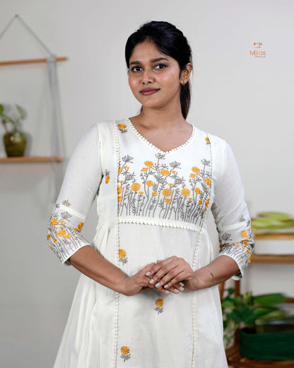 Three-Panel Dress Kurti  with Embroidery in Kora Cotton