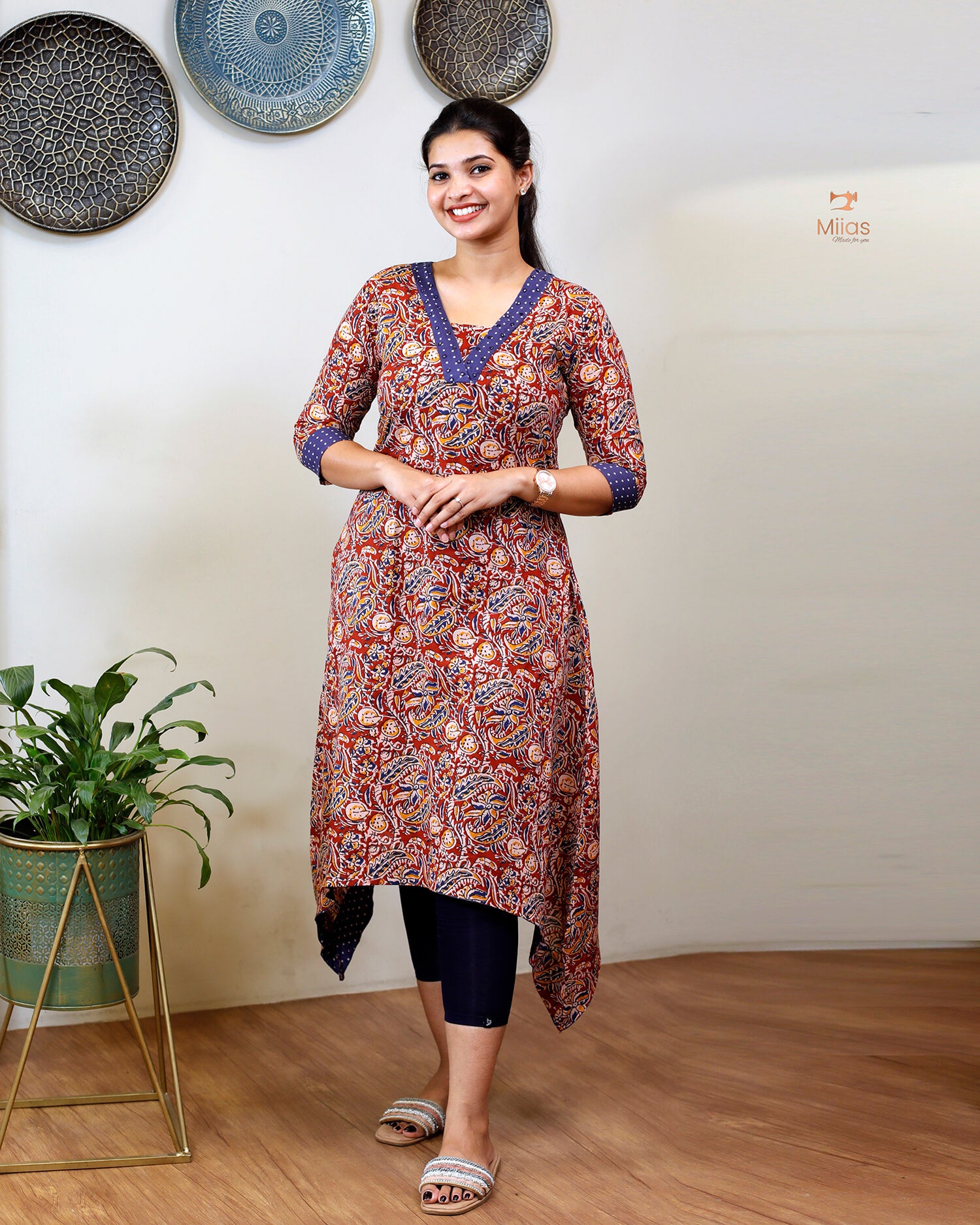 Stylish Kalamkari Kurti with Mirror Work & Asymmetric Hem