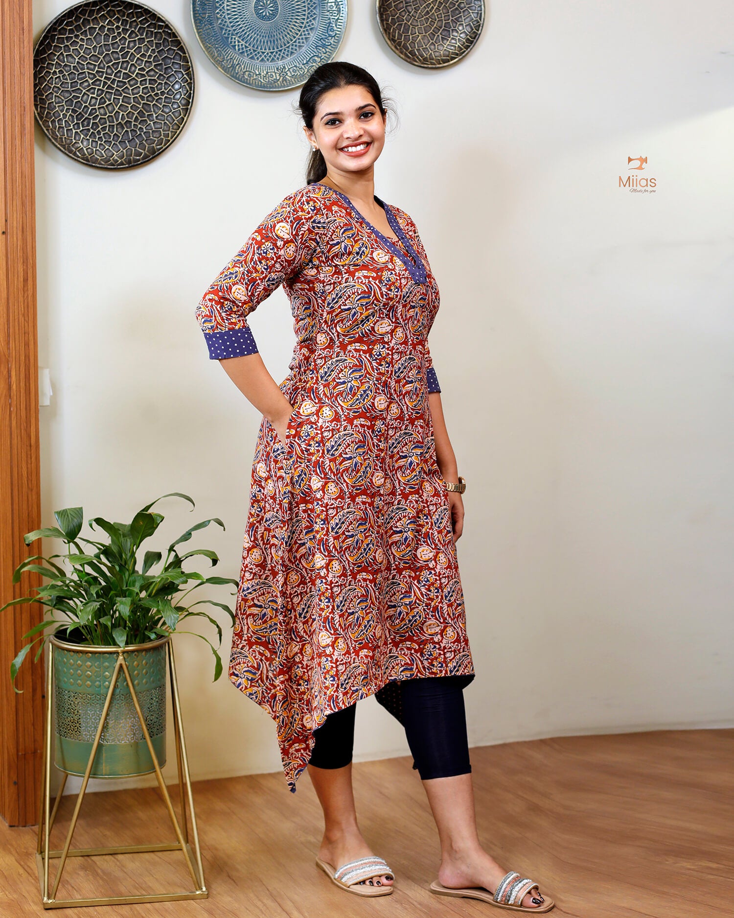 Stylish Kalamkari Kurti with Mirror Work & Asymmetric Hem