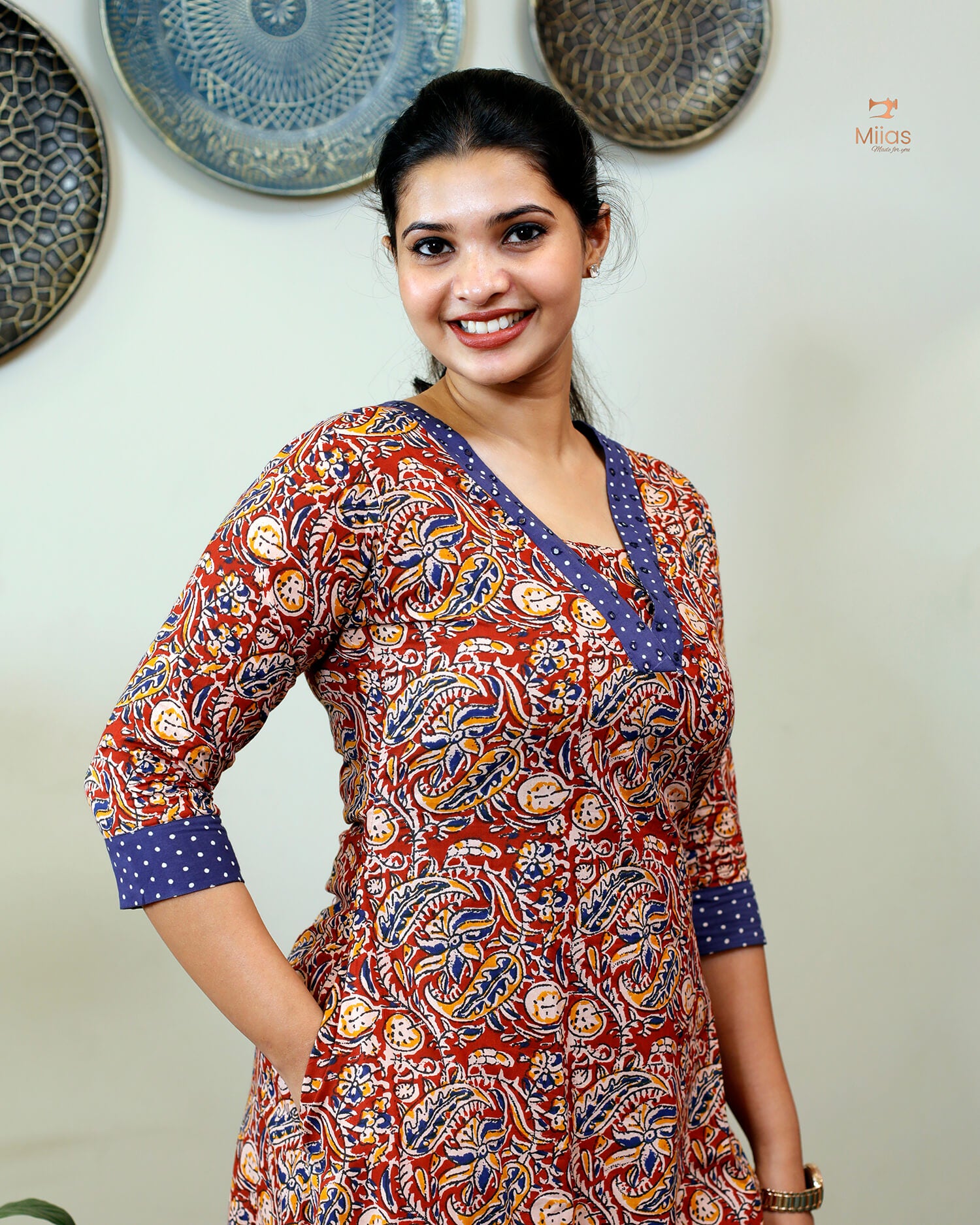 Stylish Kalamkari Kurti with Mirror Work & Asymmetric Hem