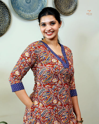 Stylish Kalamkari Kurti with Mirror Work & Asymmetric Hem