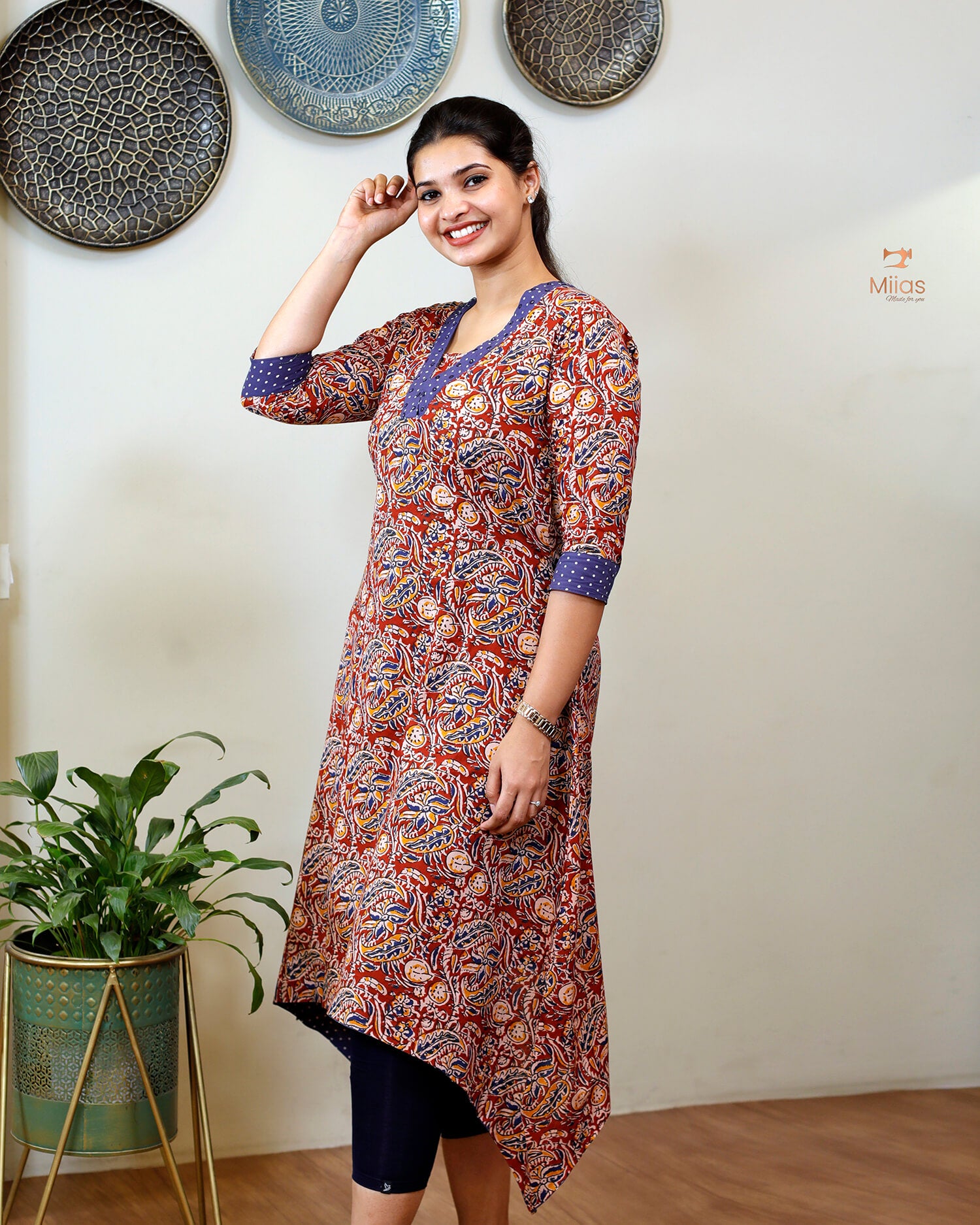 Stylish Kalamkari Kurti with Mirror Work & Asymmetric Hem
