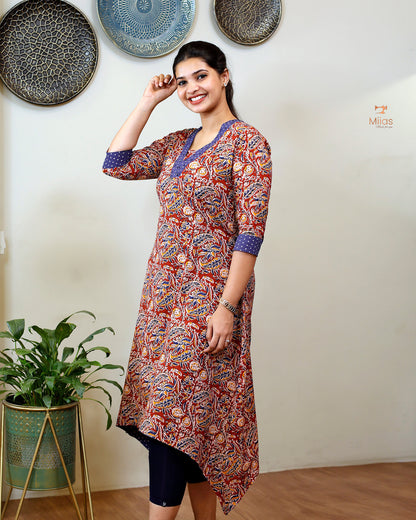 Stylish Kalamkari Kurti with Mirror Work & Asymmetric Hem