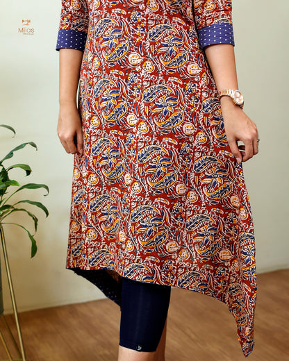 Stylish Kalamkari Kurti with Mirror Work & Asymmetric Hem