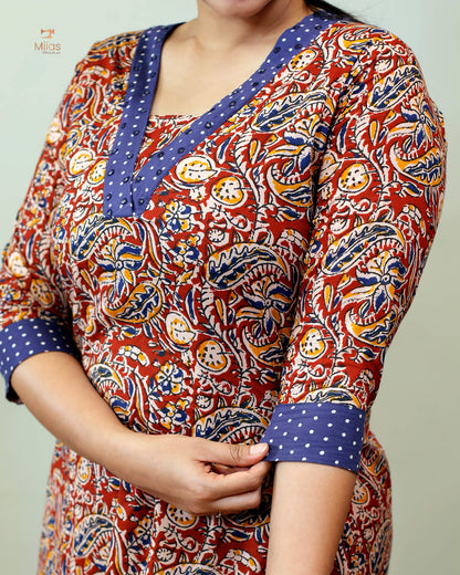 Stylish Kalamkari Kurti with Mirror Work & Asymmetric Hem