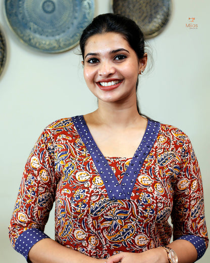 Stylish Kalamkari Kurti with Mirror Work & Asymmetric Hem