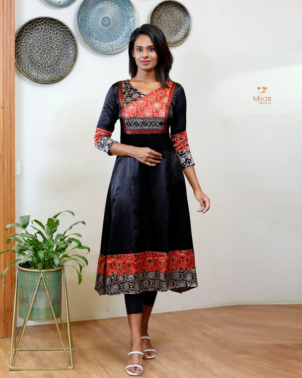 Ajrakh Mashru Silk Panel cut Dress Kurti