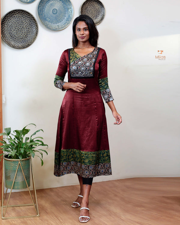 Ajrakh Mashru Silk Panel cut Dress Kurti