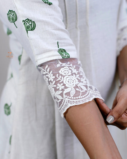 Floral Print Cotton Kurti – V-Neck, 3/4 Sleeves, Lace Trim & Pocket