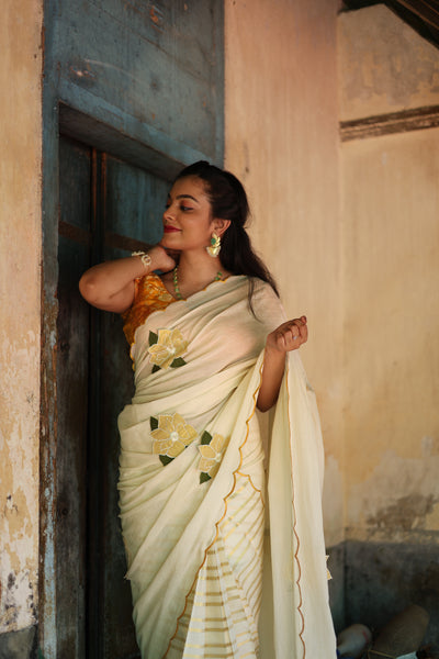 Kerala Cotton Lurex Saree & Blouse: Tissue Applique | Vishu Collection.